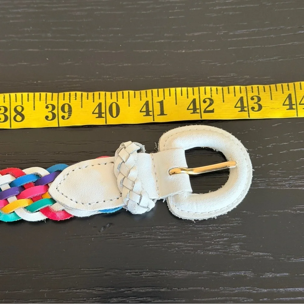 Vintage 80s Rainbow Colorful Cord Braided Belt White Leather Buckle Accent 1X